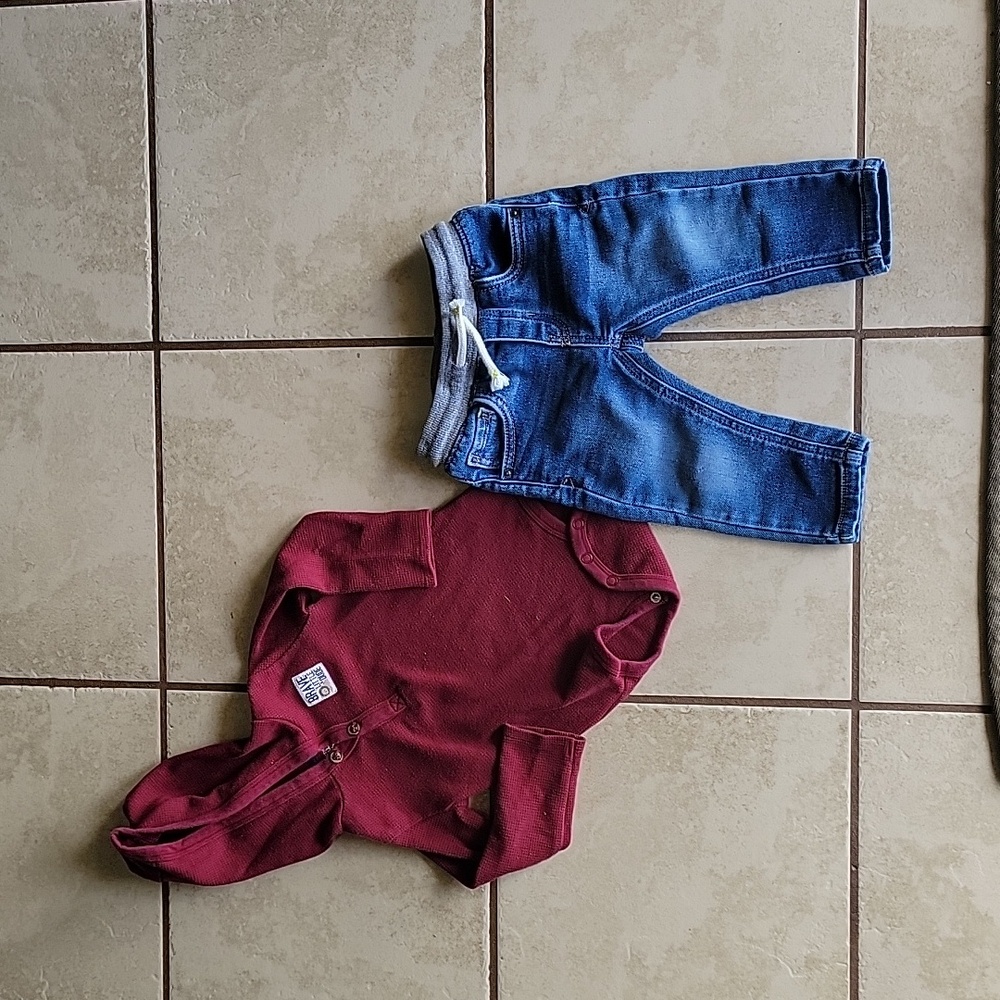 12 month red hoodie and jeans outfit